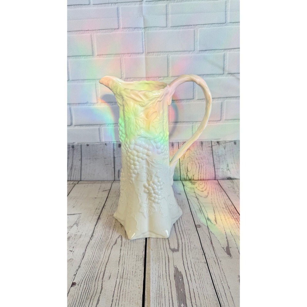 Vintage Cream Ceramic Pitcher Embossed Grape Vine Motif Large Water Jug 10.5in